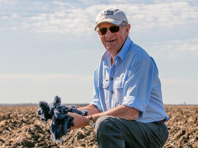 Goondiwindi Cotton founder Sam Coulton with shredded cotton that is spread on paddocks pre-sowing as part of a ground-breaking circularity project to divert textile waste from landfill. Picture: Melanie Jenson