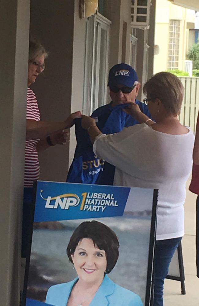 Photos have emerged of an LNP volunteer appearing to hand out how to vote cards for both Currumbin MP Jann Stuckey and independent candidate Andy Semple. Picture: Supplied