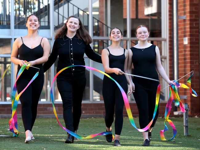 Campbelltown School of Performing Arts' relieving head teacher of performing arts Louise Leary with dance students (L- R) Isabelle Hard (16), Tallish Ramadan (13) and Mia Kouwenberg (13). Picture: Jane Dempster