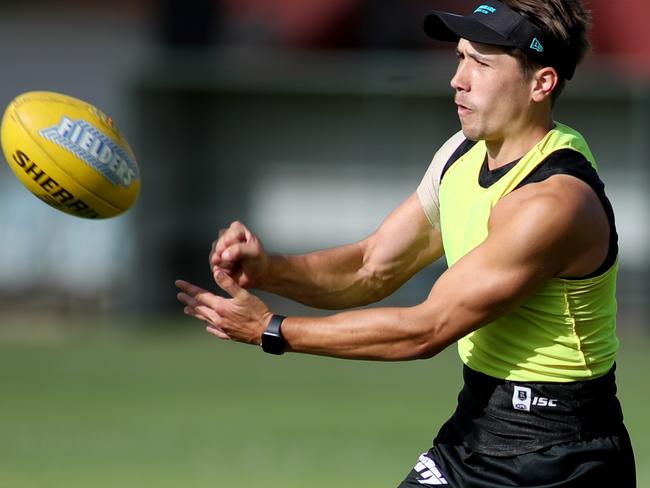 Tobin Cox is seen at Port Adelaide Power training at Alberton Oval in Adelaide, Wednesday, February 19, 2020.  (AAP Image/Kelly Barnes) NO ARCHIVING