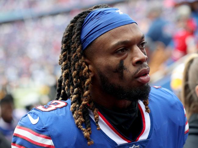 ORCHARD PARK, NEW YORK - OCTOBER 09: Damar Hamlin #3 of the Buffalo Bills walks to the tunnel during halftime against the Pittsburgh Steelers at Highmark Stadium on October 09, 2022 in Orchard Park, New York. (Photo by Bryan Bennett/Getty Images)