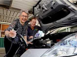 PLUGGED IN: Lismore Mayor Jenny Dowell and Lismore City Council Commercial Services Co-ordinator Kevin Trustum with counci’s new electric car, the Nissan Leaf.