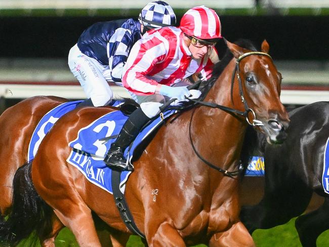 Prowling ridden by Daniel Moor wins the Polytrack BM70 Handicap at Sportsbet Pakenham on April 20, 2023 in Pakenham, Australia. (Morgan Hancock/Racing Photos)