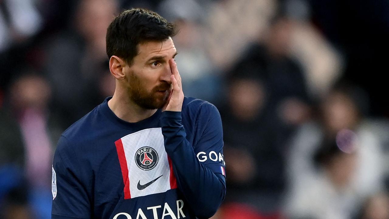 (FILES) Paris Saint-Germain's Argentine forward Lionel Messi reacts during the French L1 football match between Paris Saint-Germain (PSG) and Stade Rennais FC at The Parc des Princes Stadium in Paris on March 19, 2023. Lionel Messi says he will sign for Inter Miami in Spanish media interview, AFP reported on June 7, 2023. (Photo by FRANCK FIFE / AFP)