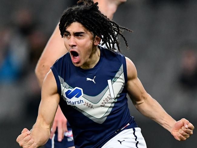 MELBOURNE, AUSTRALIA - JULY 14: Isaac Kako of Victoria Metro celebrates kicking a goal during the 2024 Marsh AFL Championships U18 Boys match between Victoria Metro and Victoria Country at Marvel Stadium on July 14, 2024 in Melbourne, Australia. (Photo by Josh Chadwick/AFL Photos)