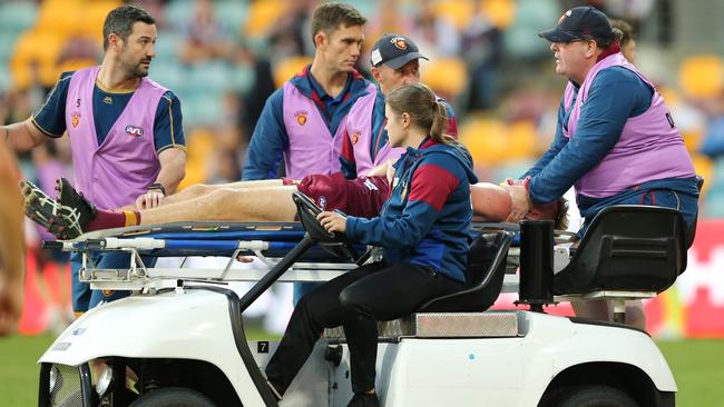 Harris Andrews had to be stretchered from the field. Picture: Getty