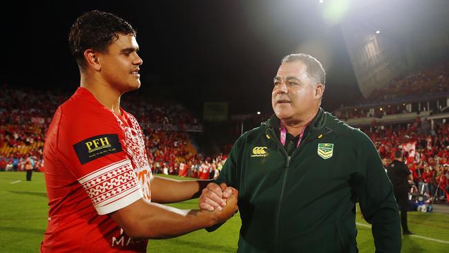 Latrell Mitchell with Mal Meninga after a Test match in 2018. Picture: Anthony Au-Yeung/Getty