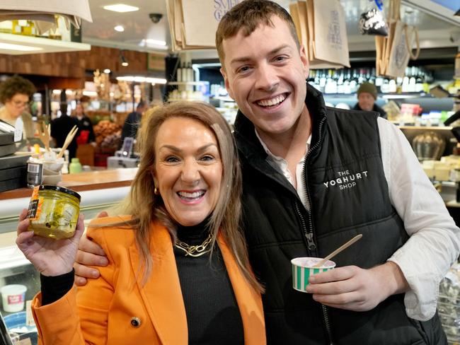 Cheese maker and exporter Kris Lloyd AM, and the Yoghurt Shop's Brandon Reynolds at Central Market. A significant increase in South Australia's dairy exports to the world, as a key trade program is extended. 19 July 2024. Picture Dean Martin