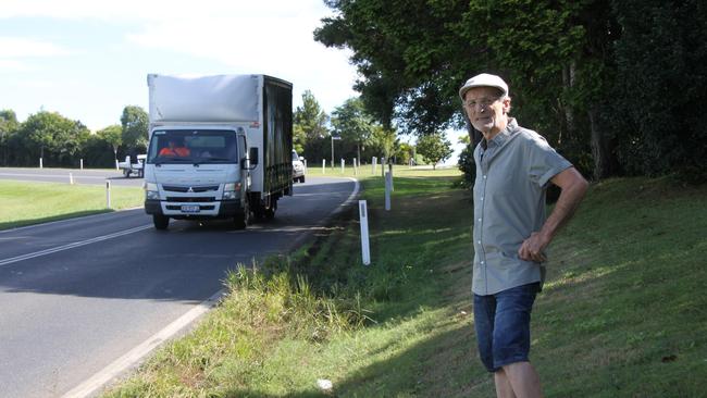 Andrew Baldwin lives on Ballina Road, Goonellabah, and is concerned about the dangerous corner near his house. Picture: Alison Paterson