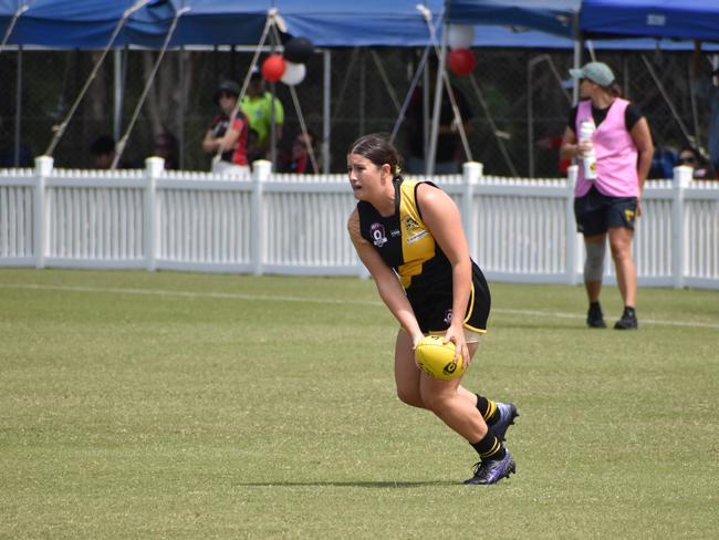 Macey Ronald in the Bakers Creek Tigers v Mackay City Hawks womens AFL grand final at Magpies Sporting Club, Mackay, September 11, 2021. Picture: Matthew Forrest