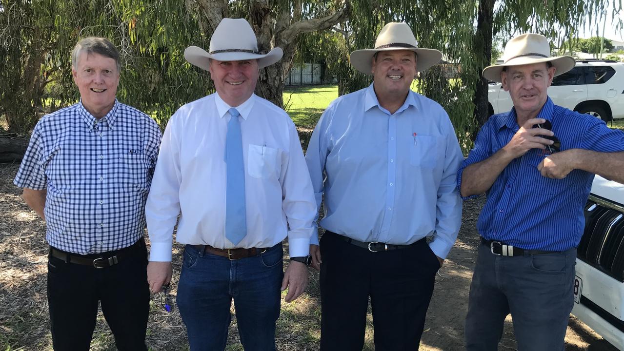 (From left to right) Bowen Collinsville Enterprise board members David Evans (far left) and Paul McLaughlan (far right) stand with Deputy Prime Minister Barnaby Joyce (left) and Dawson Nationals candidate Andrew Willcox (right) at Koorelah Farms in Bowen on May 5. Picture: Stephen Darwen