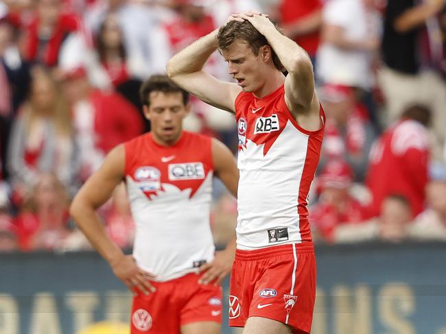 Nick Blakey and Oliver Florent on the final siren of last year’s Grand Final.