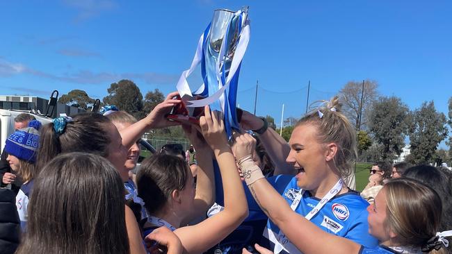 Point Cook Centrals players celebrate their premiership. Photo: Brayden May.