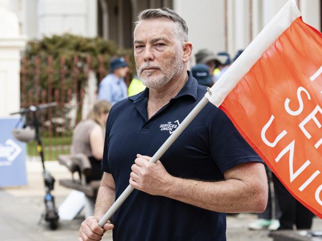 The Services Union senior organiser John Denny at a stop-work meeting outside city hall to protest against Toowoomba Regional Council, Tuesday, August 20, 2024. Picture: Kevin Farmer