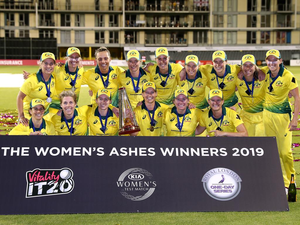Australia celebrate their victory over England in 2019 the Women’s Ashes after the final T20 match at Bristol County Ground. Picture: David Davies/PA Images via Getty Images
