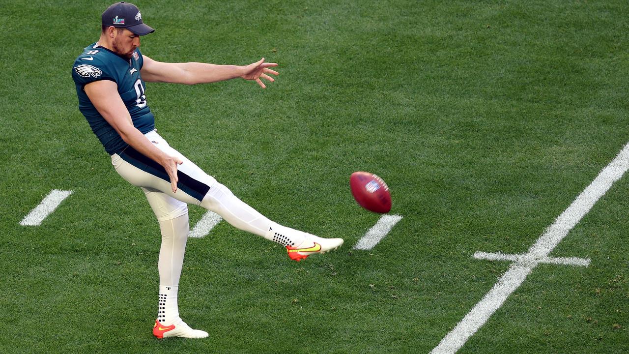 Arryn Siposs warms up prior to the Super Bowl. Picture: Getty Images