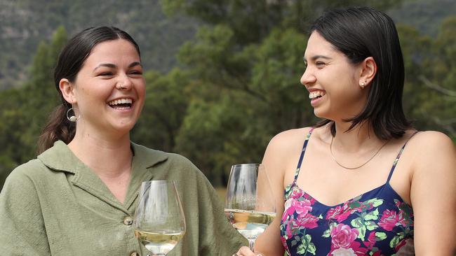 Georgia Sinclair and Katie Lee enjoy a wine at Glandore Estate Wines in the Hunter Valley. Picture: David Swift