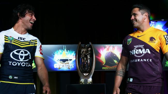 The Finals Captains at the 2014 Telstra Premiership Finals Series Launch in Sydney. Johnathan Thurston - Cowboys and Corey Parker - Broncos. pic. Phil Hillyard