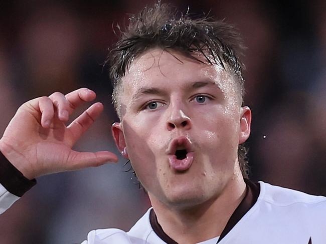 ADELAIDE, AUSTRALIA - JULY 28: Jack Ginnivan of the Hawks celebrates a goal during the 2024 AFL Round 20 match between the Adelaide Crows and the Hawthorn Hawks at Adelaide Oval on July 28, 2024 in Adelaide, Australia. (Photo by James Elsby/AFL Photos via Getty Images)