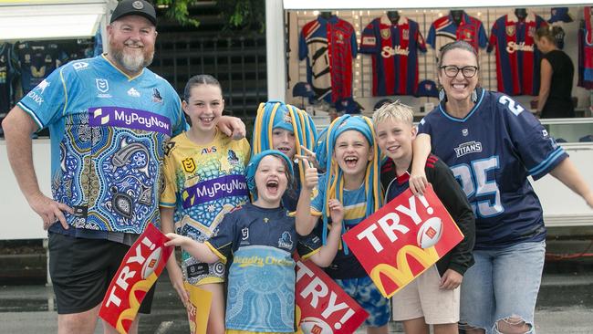 The Woodens - Gavin , Alice , Elsie , Giovanni , Joey , Harley Kirch at home game 2025 debut for the Gold Coast Titans against the Newcastle Knights at CBus Super Stadium. Picture: Glenn Campbelll