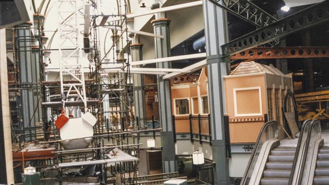 Rollercoaster framework under construction at the top of the Myer Centre, Brisbane, 1988. Photo: Gil Meland/State Library of Queensland