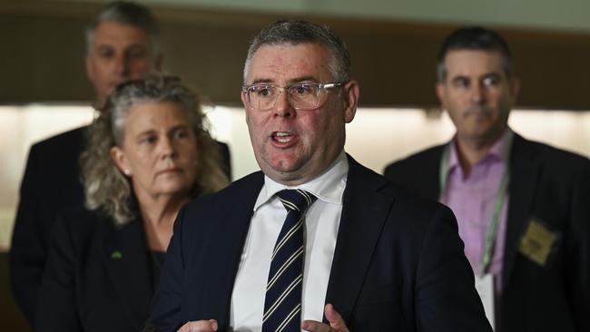 Minister for Agriculture, Fisheries and Forestry, Murray Watt reveals the federal government is working on a container levy, National Farmers’ Federation president Fiona Simson is second from left. Picture: NCA NewsWire/Martin Ollman