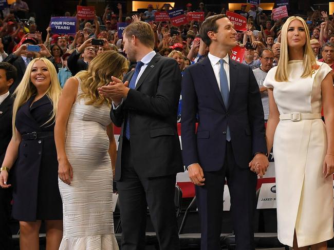 Tiffany Trump, Lara Trump, Eric Trump, Jared Kushner and Ivanka Trump arrive at a rally for US President Donald Trump. Picture: AFP