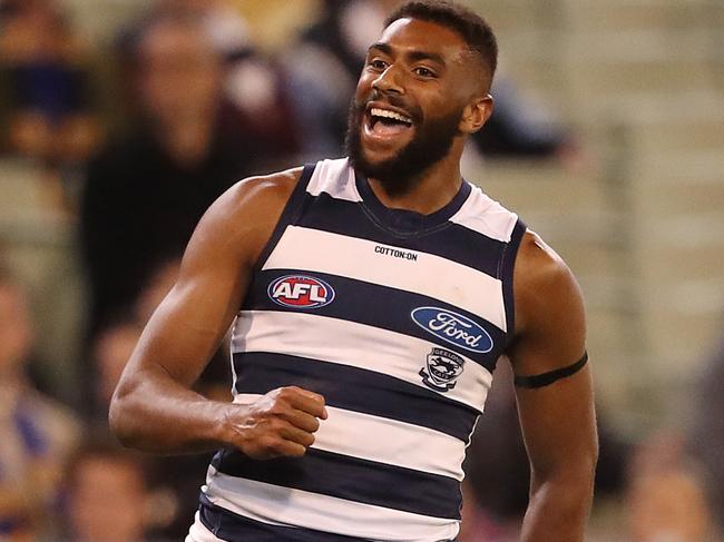 AFL 1st Semi Final. 13/09/2019.  Geelong vs West Coast Eagles at the MCG.  Geelong Esava Ratugolea  celebrates a goal in the 3rd qtr    . Pic: Michael Klein.