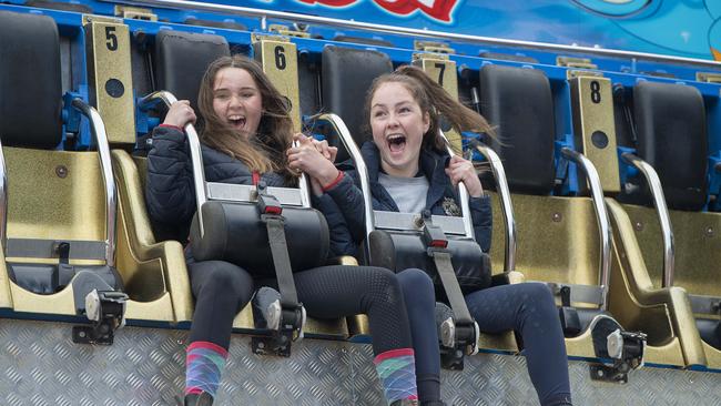 Tiana Schafer ,13, and Ava Nusbajtel, 12, test ride the Ali Baba. Picture Mark Brake