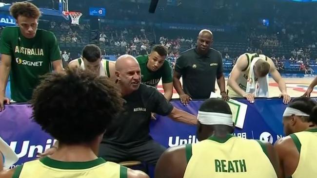 Boomers coach Brian Goorjian tore his team a new one. Photo: Fox Sports.