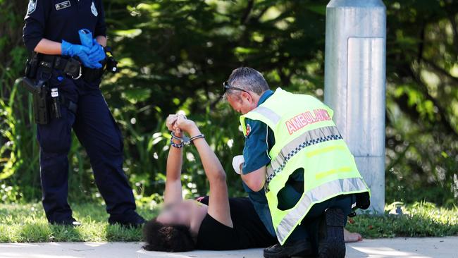 Emergency services on scene after juveniles in an alleged stolen Prado rammed a police vehicle. Picture: Alix Sweeney