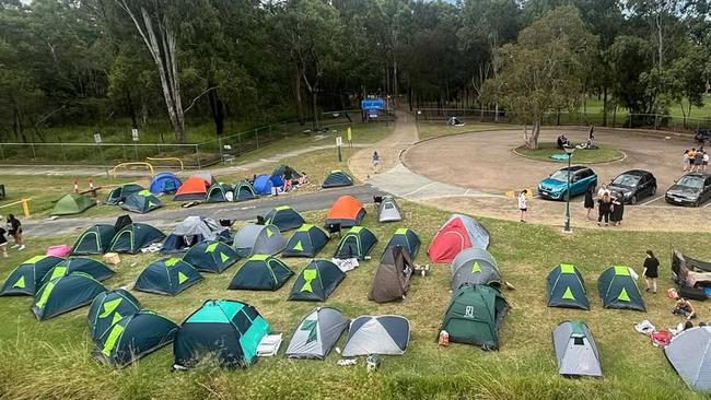 Tents set up near Brisbane Entertainment Centre ahead of the Billie Eilish concert on Tuesday.