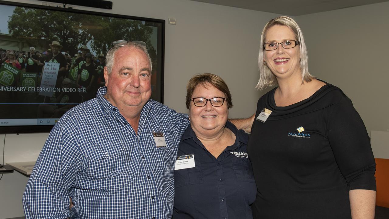 Jeff and Maree Sturdy from Treadwell Tyre Service and Haley Crofts from Tailored Services at the Resource Industry Network's 20th Anniversary Celebration. Picture: Michaela Harlow