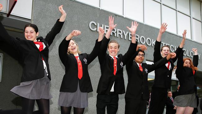 Cherrybrook Technology High School students celebrate following budget announcement of 18 new classrooms for the school. Picture: Adam Ward.