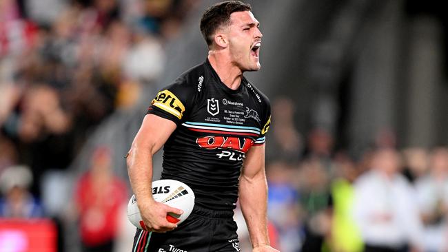 Nathan Cleary of the Panthers celebrates after scoring the match winning try during the 2023 NRL Grand Final match between Penrith Panthers and Brisbane Broncos. Picture: Bradley Kanaris/Getty Images