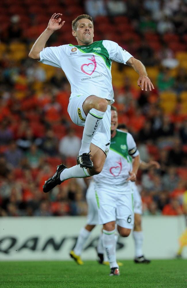 North Queensland player Gareth Edds reacts after scoring a goal early in the first half during the round 15 A-League match between the Brisbane Roar and North Queensland at Suncorp Stadium in Brisbane, Nov. 20, 2010. (AAP Image/Dave Hunt)