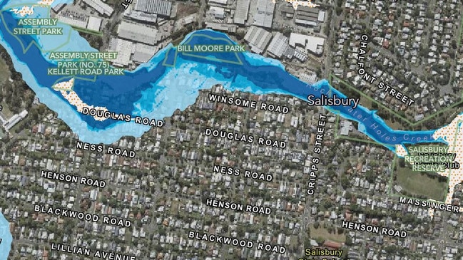 The updated flood map showing different flood risk levels (light to dark blue) along Rocky Waterholes Creek. Image: Brisbane City Council