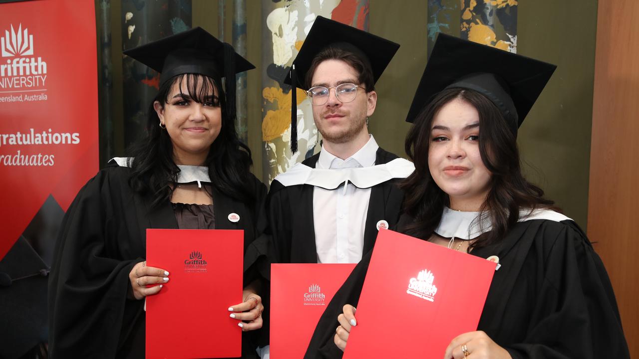 Griffith business school graduation at Gold Coast convention Centre. Tahliya Griffin, Teancum Griffin, and Anaysha Griffin. Picture Glenn Hampson