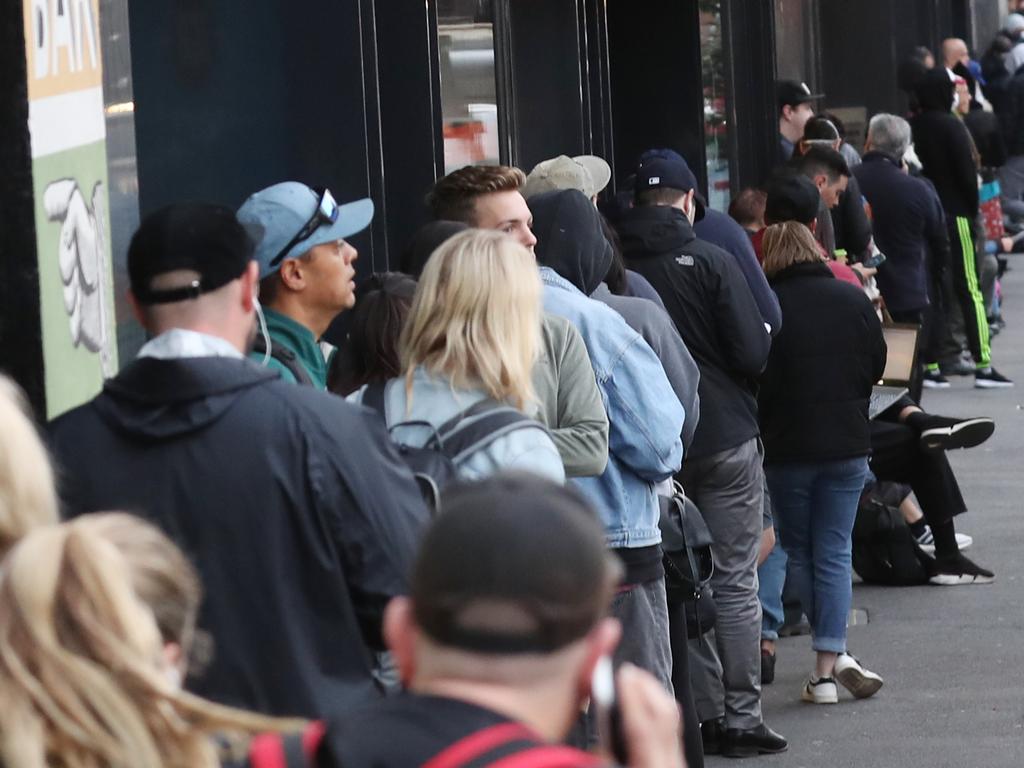 A large queue at the Richmond Centrelink in Richmond at 8am. Tuesday, March 24, 2020. Picture: David Crosling