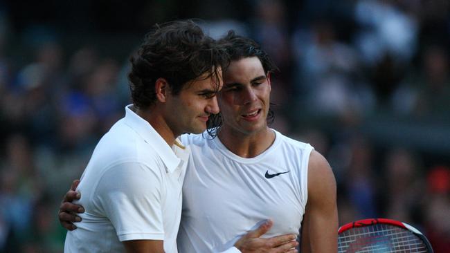 Spain's Rafael Nadal is congratulated by Roger Federer after winning Wimbledon in 2008.