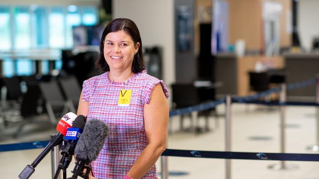 Health Minister Natasha Fyles addresses the media at Darwin International Airport to mark the NT eradicating COVID-19 for the second time. Picture: Che Chorley