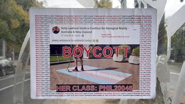 Photos of posters protesting against Holly Lawford-Smith.