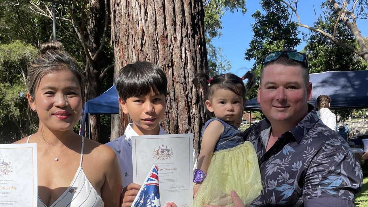 Ana Liza, Hunter, Haven and Jaden at the Australia Day ceremony at the Botanic Gardens in Coffs Harbour. Picture: Matt Gazy