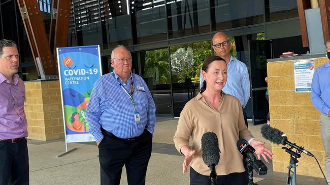 Health and Ambulance Services Minister Yvette D'Ath at the Cairns Convention Centre with Tourism Tropical North Queensland CEO Mark Olsen, Cairns and Hinterland Hospital and Health Service chairman Clive Skarott and Cairns Airport CEO Richard Barker. Picture: Peter Carruthers