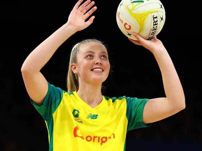 BRISBANE, AUSTRALIA - NOVEMBER 03: Sophie Dwyer of  Australia warms up ahead of game three of the International Test Match series between the Australia Diamonds and England Roses at Brisbane Entertainment Centre on November 03, 2022 in Brisbane, Australia. (Photo by Chris Hyde/Getty Images)