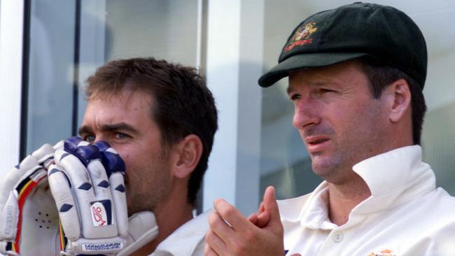 Cricketers Justin Langer with Steve Waugh.Cricket - Australia vs Pakistan fifth day of First Test match at the Gabba 09 Nov 1999.