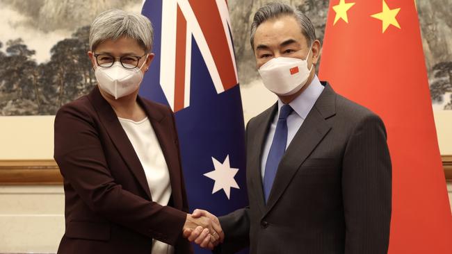 Penny Wong with Chinese Foreign Minister Wang Yi in Beijing, China, on Wednesday. Picture: DFAT