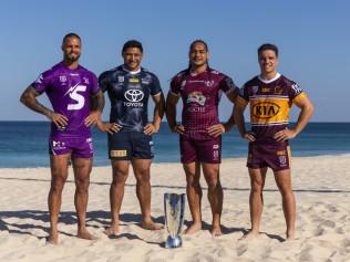 PERTH, AUSTRALIA - FEBRUARY 13: Sandor Earl of the Storm, Jason Taumalolo of the Cowboys Martin Taupau of the Sea Eagles and Brodie Croft of the Broncos during the NRL Nines Perth Official Launch at City Beach Surf Life Saving Club on February 13, 2020 in Perth, Australia. (Photo by Will Russell/Getty Images)