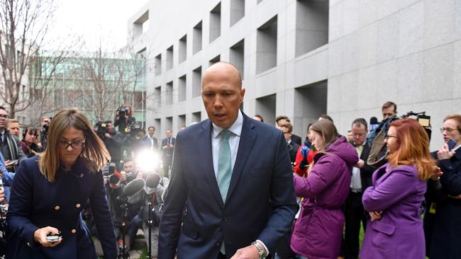 Former minister for Home Affairs Peter Dutton leaves his brief press conference this morning. Picture: AAP