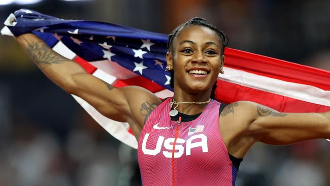 BUDAPEST, HUNGARY - AUGUST 21: Sha'Carri Richardson of Team United States celebrates winning the Women's 100m Final during day three of the World Athletics Championships Budapest 2023 at National Athletics Centre on August 21, 2023 in Budapest, Hungary. (Photo by Michael Steele/Getty Images)